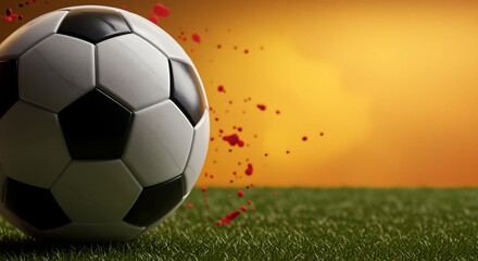 Fototapeta premium Soccer Ball on Grass Field with Sunset