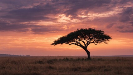 Obraz premium Lone acacia tree at sunset, African savanna
