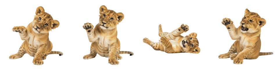 Four Lion Cub Poses PNG Set Isolated on White Background - Realistic Baby Lion Graphics for Wildlife Nature, African Safari, Zoo Animals, and Big Cat Design Projects © Sodani