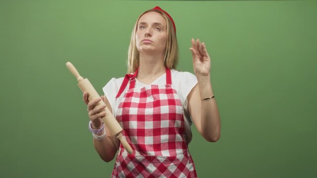Woman cook, blonde, holding wooden rolling pin with right hand while left hand raised palm visible, wearing red check apron in a studio; contemplation.