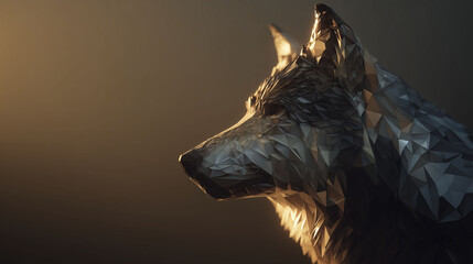 A low-poly representation of a wolf's head captures its profile with sharp geometric facets. Subtle lighting emphasizes the volume and shadows, creating a stark visual against a neutral backdrop.