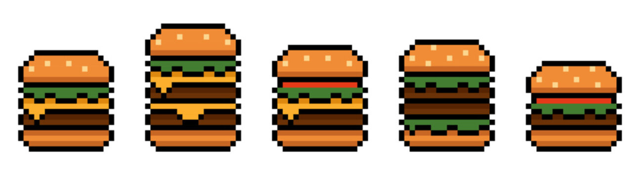 Pixel burger food set with different cheeseburgers. Perfect for game design, food apps, menus, restaurant branding, delivery services, retro interfaces and playful digital projects.