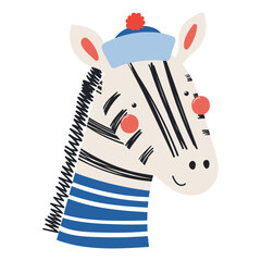 Fototapeta premium Cute little zebra sailor isolated on transparent. Kawaii cartoon character. Hand drawn flat vector illustration. Kids nautical design element, clip art, fashion print, poster, wall art