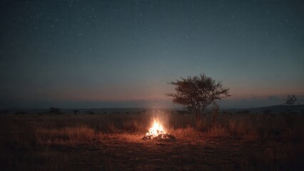 Naklejka premium Nighttime campfire under starry sky