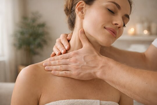 Therapist massaging neck and shoulder area for lymphatic drainage, muscle relaxation and recovery care