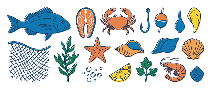 Collection of colorful hand-drawn seafood and fishing icons including fish, crab, shrimp, and shells in a simple doodle vector illustration style for a food or marine theme