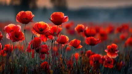 Fototapeta premium Lush field of vibrant red poppies glowing under the warm light of sunset, capturing a serene and colorful landscape in rich detail.