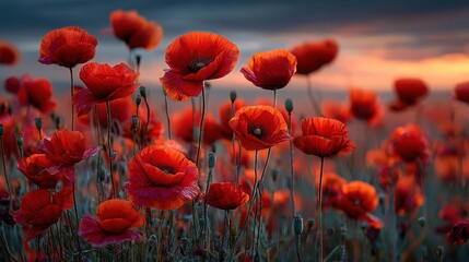 Fototapeta premium Lush field of vibrant red poppies glowing under the warm light of sunset, capturing a serene and colorful landscape in rich detail.