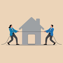 Two business professionals pulling a house with ropes in opposite directions