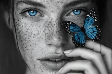 Young woman with blue eyes holding butterfly near her face  