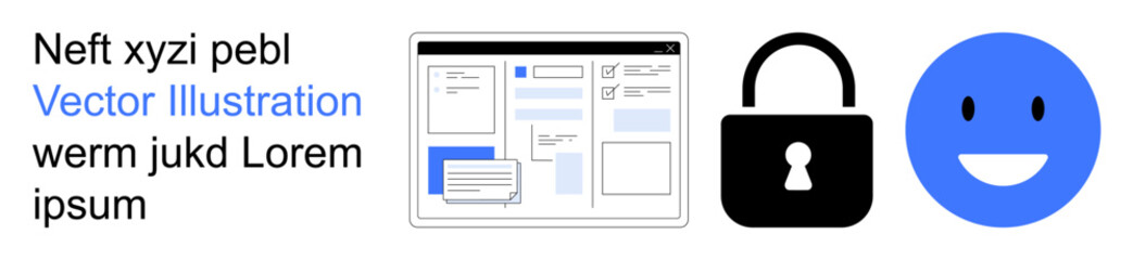 Fototapeta premium Cybersecurity, data protection, online authentication, user experience, secure access, privacy. Visual includes a lock, webpage interface and happy face icon. Cybersecurity and data protection