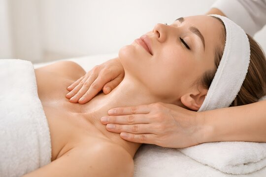 Therapist applying gentle neck and clavicle massage for lymphatic drainage, relaxation and wellness recovery