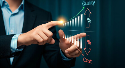 A businessman's hands interact with a holographic display illustrating simultaneous improvements in quality and reductions in cost through opposing graphs.