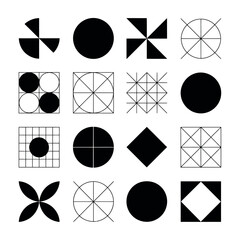 A collection of various geometric shapes and symbols in black and white on a plain background