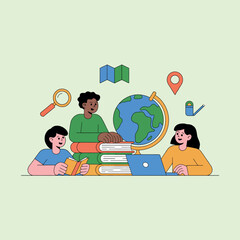 Three diverse students studying together with books and a laptop