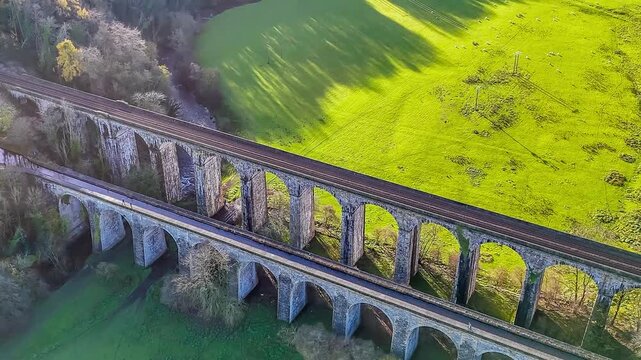 A receding aerial view flying away from close to the south side of the viaduct and aqueduct at Chirk, Wrexham, Wales