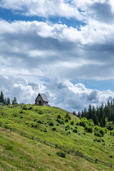 Small wooden house sits on a green hill in Planina Zajamniki, Slovenia, surrounded by trees and cloudy sky