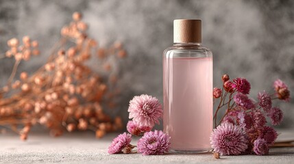 A soft pink toner bottle beside dried flowers on a pale textured surface.