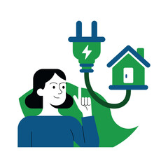 A cartoon woman plugging in a green house with a large electrical plug