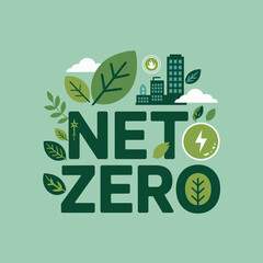 A graphic illustration of the phrase Net Zero surrounded by eco-friendly symbols and green leaves on a light green background.