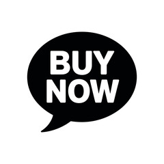 A black speech bubble with white text that reads 'BUY NOW' on a plain white background