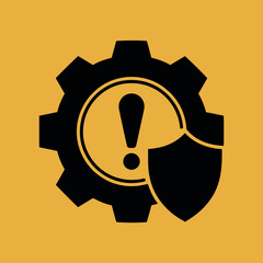 A black gear icon with an exclamation mark and shield on a yellow background