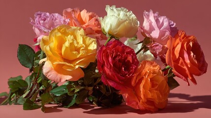 A vibrant bouquet of roses arranged gracefully against a soft pink background, showcasing the rich colors and delicate petals