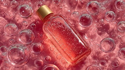 A translucent pink gel cleanser bottle catches light, surrounded by fresh bubbles.