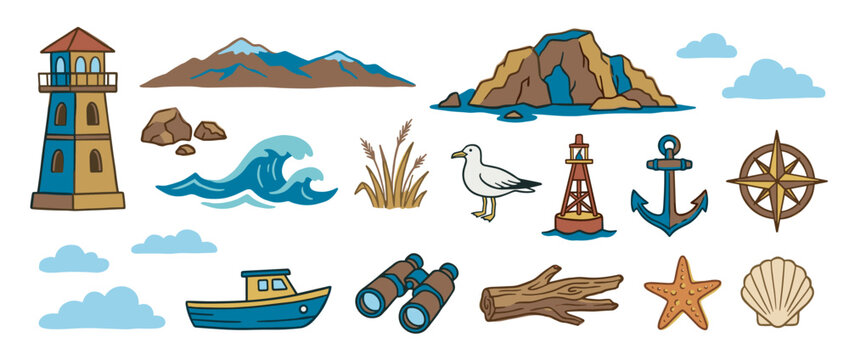 Colorful collection of hand-drawn nautical illustrations featuring a lighthouse, boat, anchor, seagull, and compass rose in a simple cartoon doodle style for adventure themes