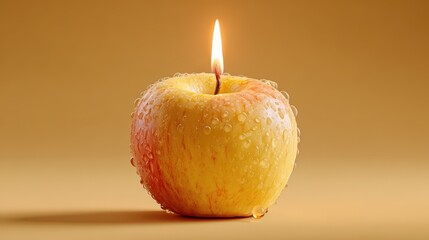 Creative birthday concept featuring an apple topped with a lit candle, presented in a playful and imaginative arrangement.