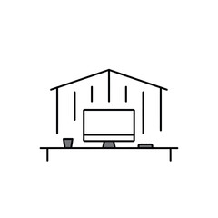A simple line drawing of a computer in a garage or shed with a desk and cup