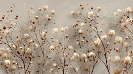Delicate botanical twigs in beige and brown arranged in an organic abstract pattern.