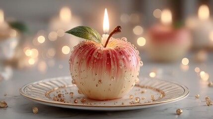 Creative birthday concept featuring an apple topped with a lit candle, presented in a playful and imaginative arrangement.