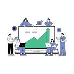 A group of business professionals analyzing a graph on a large screen in a modern office setting