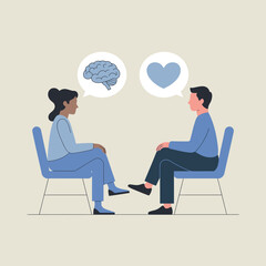 A man and woman sitting in chairs having a heart to heart conversation with thoughts of brain and heart.