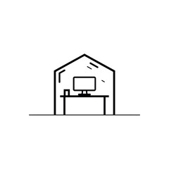 A simple line drawing of a computer workstation in a small building