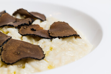 Plate of Italian risotto with truffle on a white background. Selective focus.