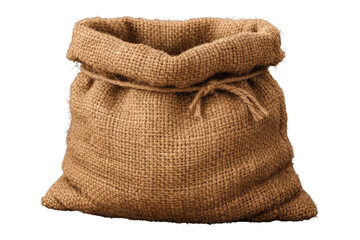 A full brown burlap sack with an open top is presented against a bright white studio style backdrop for product clean white background cutout