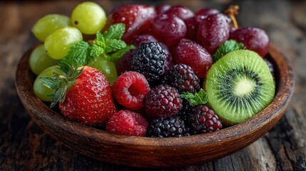 Fresh assortment of mixed fruits arranged in a rustic wooden bowl, highlighting vibrant colors and natural textures.