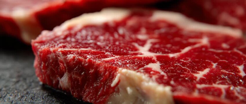 Close-up of raw marbled steak, showcasing its rich texture and color.