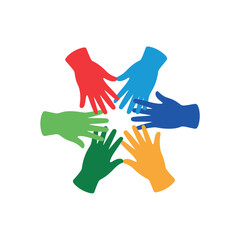 A group of colorful hands reaching out to each other in a circle of unity and cooperation.