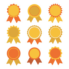 A collection of golden and orange award ribbons on a white background