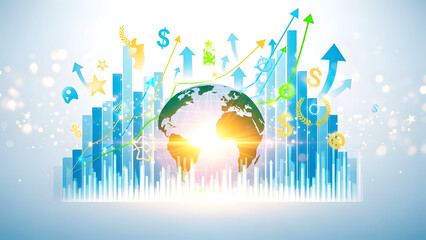Obraz premium Global Business Growth Chart with Rising Arrows and Earth Globe