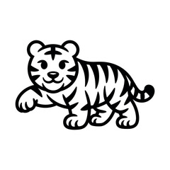 A cute cartoon tiger cub is crawling on the ground with a happy expression