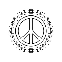A peace sign surrounded by a floral wreath on a white background