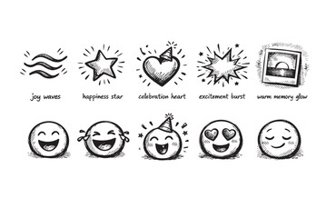Fototapeta premium Hand-drawn emoticons expressing various emotions like joy, love, excitement, celebration, and nostalgia, rendered in black and white doodle style against a clean white backdrop.
