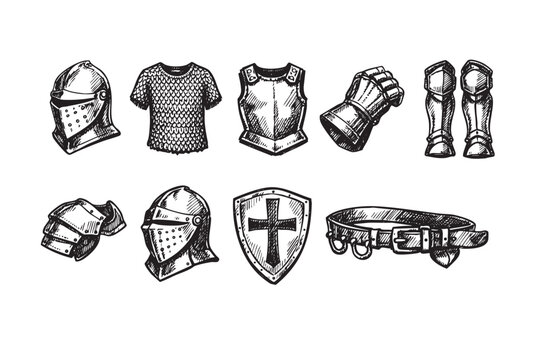 Hand-drawn sketch of various medieval knight armor pieces, including helmets, shield, gauntlet, and chainmail, all displayed on a clean white background.
