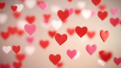 Floating hearts in shades of red, pink, and white against a blurred background