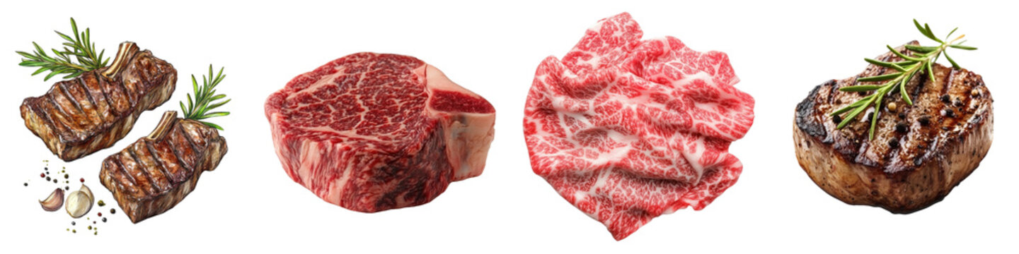 Ribeye &ndash; A well-marbled flavorful cut of beef from the rib section popular for grilling. Isolated on Clear White Background Highly Detailed