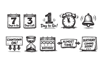 Black and white sketch illustration with birthday countdown elements, including calendars, clock, and bell, signaling almost time and birthday coming soon. Useful for reminders and events.